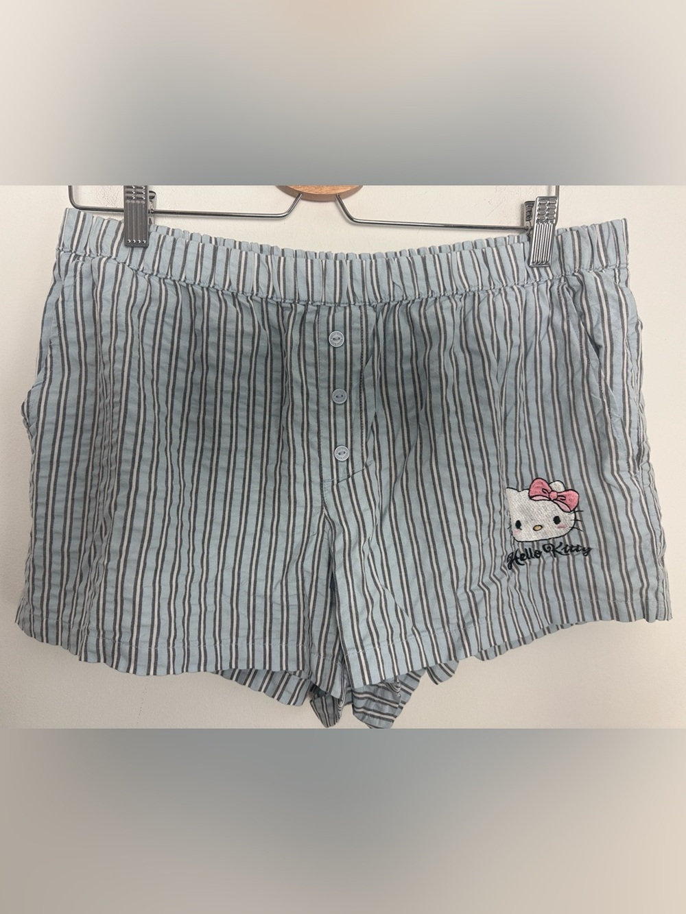 Hello Kitty Blue and White Striped Cotton Lounge Shorts with Embroidered Patch